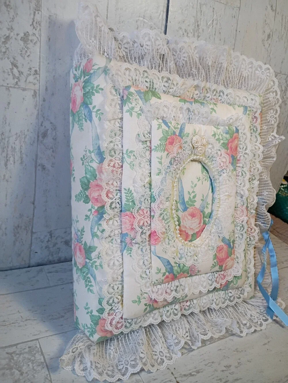 Vintage Album Hand Made Floral Lace Cottagecore Romantic  in Cream, Pink & Blue